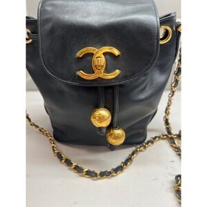 Vintage Chanel Black Leather Gold Chain Bucket Crossbody Bag‎
